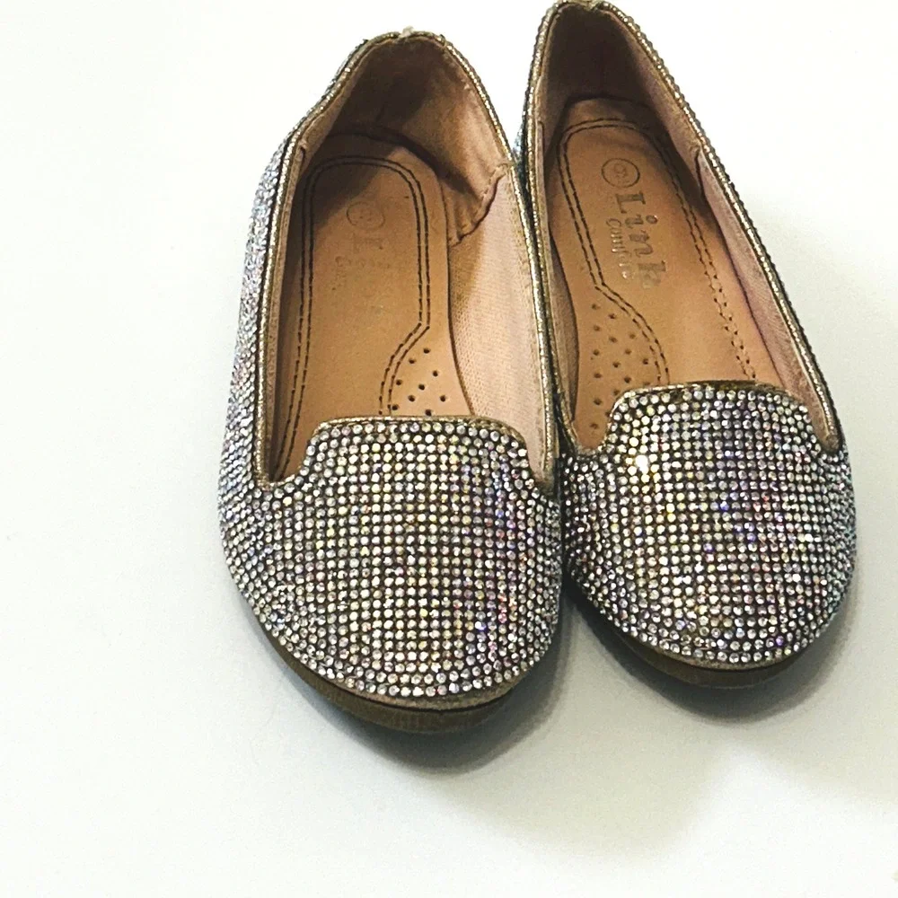 Link Comfort Girls Iridescent Rhinestone Slip On Flats Size 9 Sparkle Dance